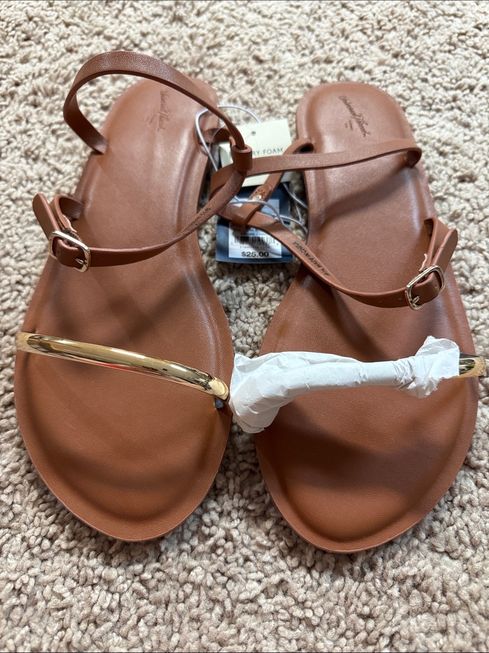 Universal Thread Brown Strappy Sandals with Gold Bar Accent